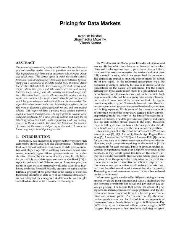 (PDF) Pricing for Data Markets