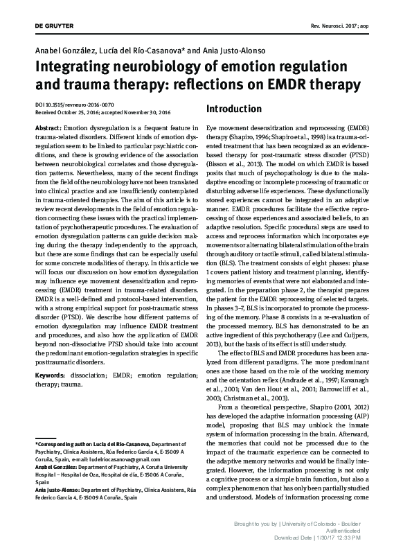 (PDF) Integrating neurobiology of emotion regulation and trauma therapy ...