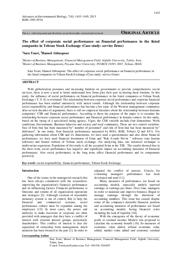 (PDF) The Effect of Corporate Social Performance on Financial ...