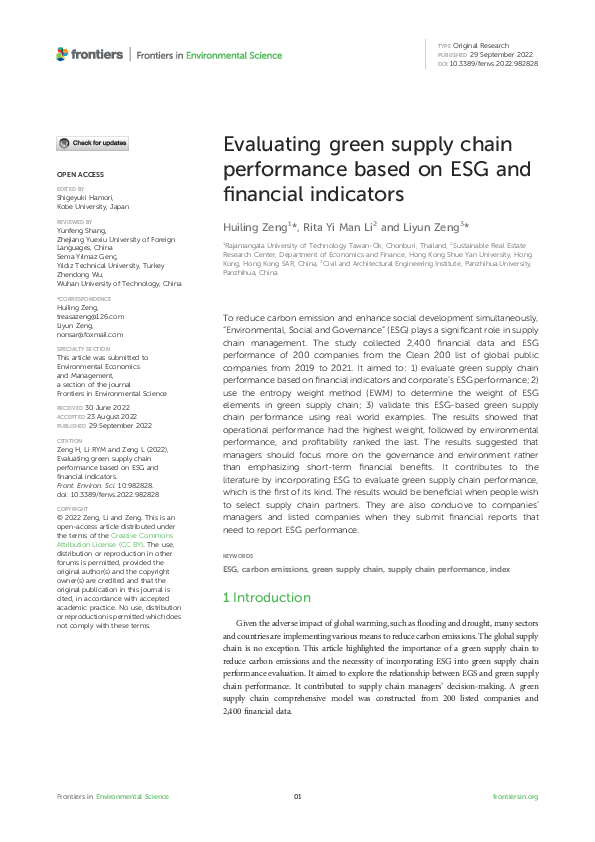 (PDF) Evaluating green supply chain performance based on ESG and ...