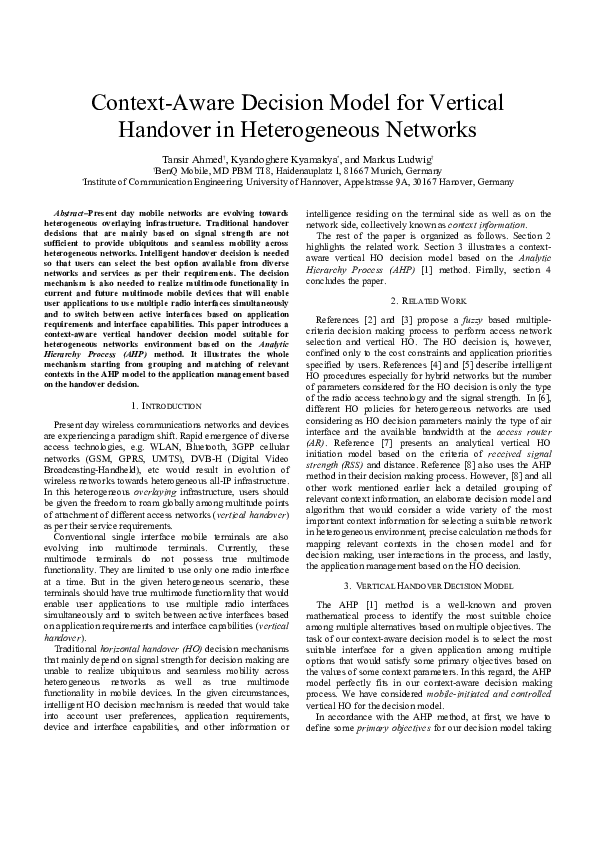 (PDF) Context-aware decision model for vertical handover in ...