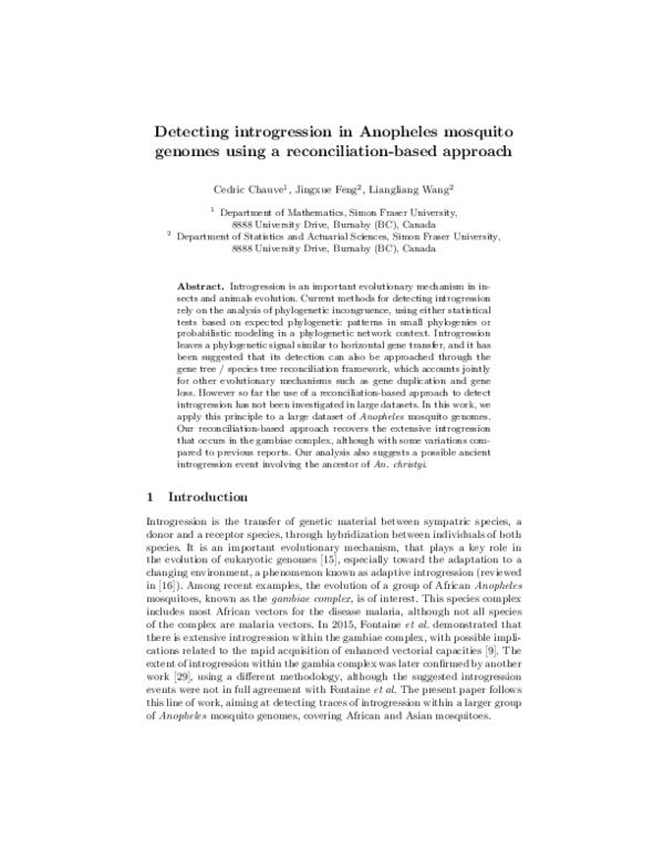 (PDF) Detecting Introgression in Anopheles Mosquito Genomes Using a ...