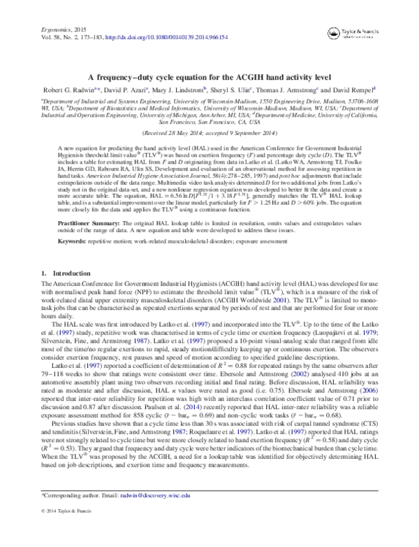  pdf a frequency duty cycle equation for the acgih hand activity level