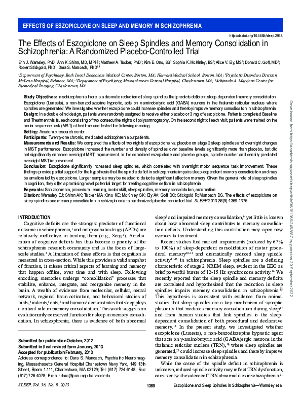 (PDF) The Effects of Eszopiclone on Sleep Spindles and Memory ...