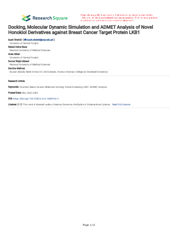 (PDF) Docking, Molecular Dynamic Simulation and ADMET Analysis of Novel ...