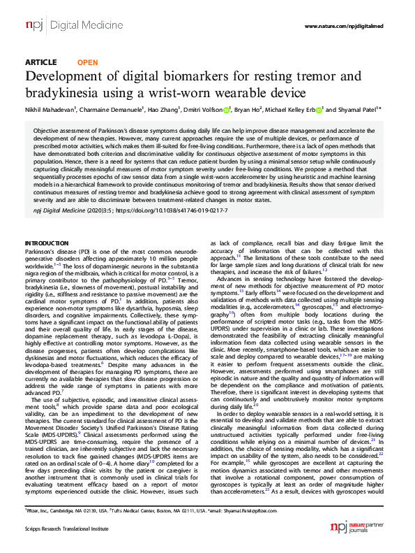 (PDF) Development of digital biomarkers for resting tremor and ...