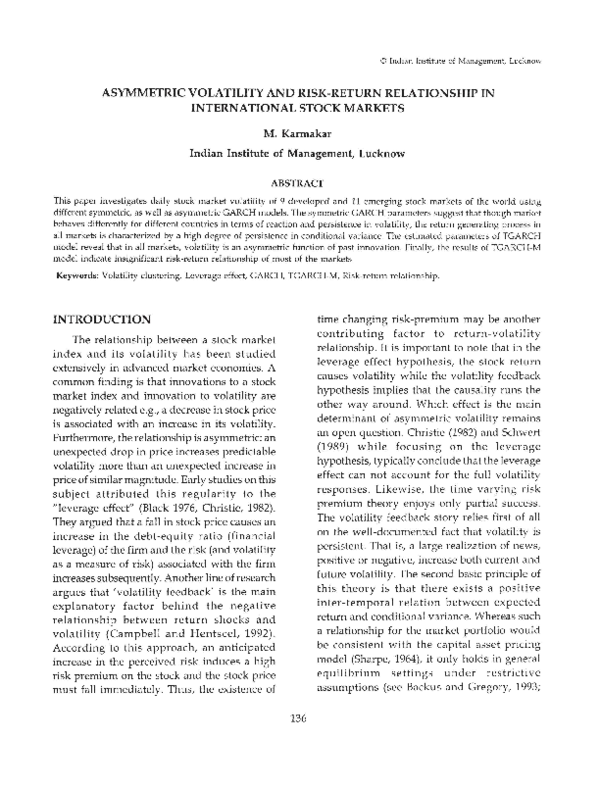 (PDF) Asymmetric Volatility and Risk-return Relationship in the Indian ...