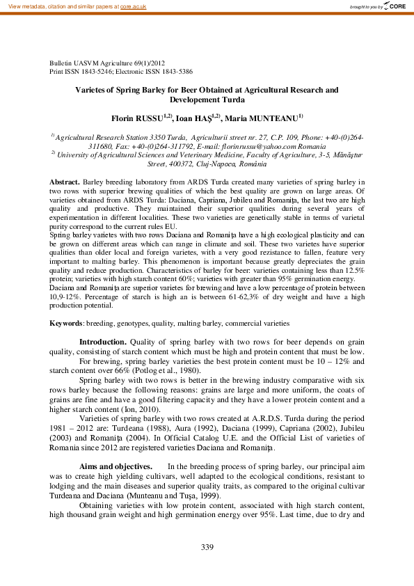(PDF) Varietes of Spring Barley for Beer Obtained at Agricultural ...