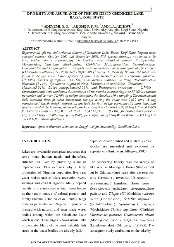 (PDF) Diversity and Abundance of Fish Species in Gbedikere Lake, Bassa ...