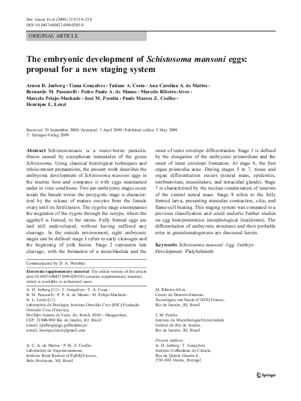 (PDF) The embryonic development of Schistosoma mansoni eggs: proposal ...