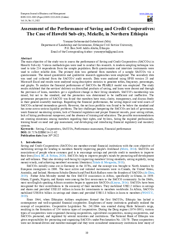 (PDF) Assessment of the Performance of Saving and Credit Cooperatives ...