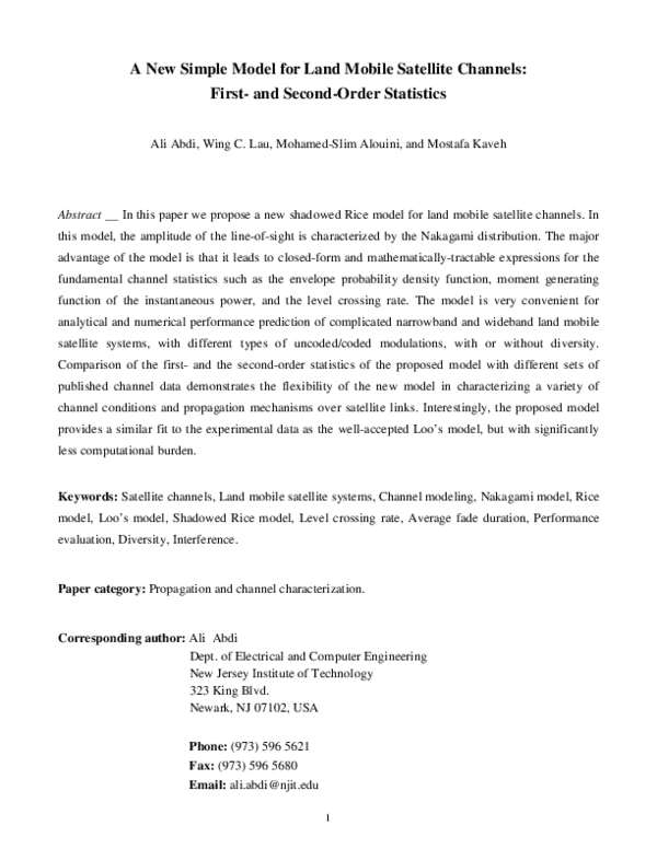 (PDF) A new simple model for land mobile satellite channels: first- and ...