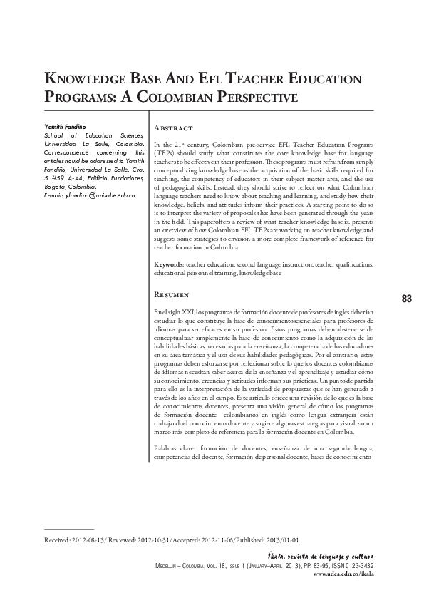 (PDF) Knowledge base and efl teacher education Programs: a colombian ...