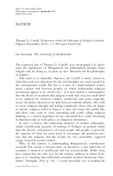 (PDF) Thomas D. Carroll: Wittgenstein within the philosophy of religion