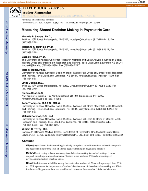 (PDF) Measuring Shared Decision Making in Psychiatric Care