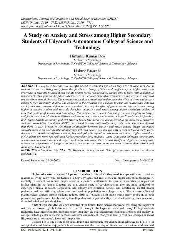 (PDF) A Study on Anxiety and Stress among Higher Secondary Students of ...