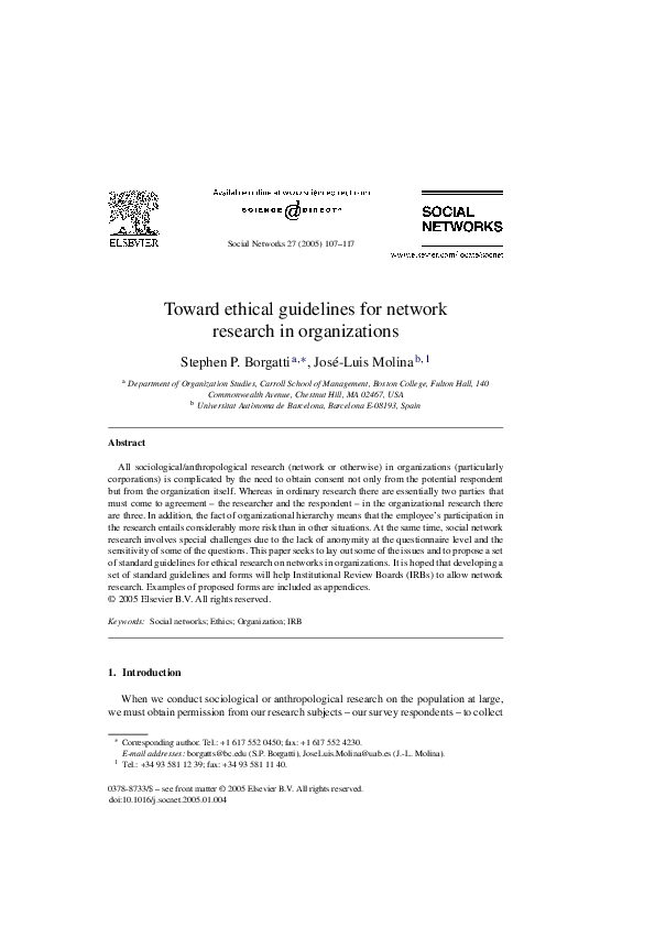 (PDF) Toward ethical guidelines for network research in organizations