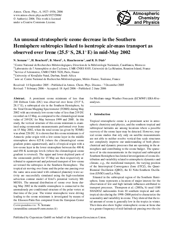 (PDF) An unusual stratospheric ozone decrease in the Southern ...