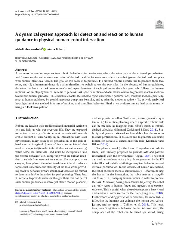 (PDF) A dynamical system approach for detection and reaction to human ...