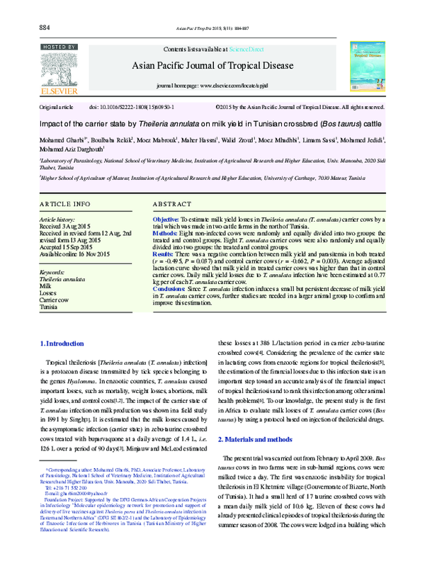 (PDF) Impact of the carrier state by Theileria annulata on milk yield ...