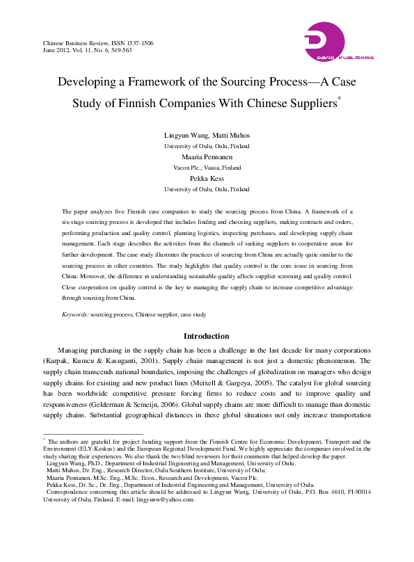 (PDF) Developing a Framework of the Sourcing Process—A Case Study of ...