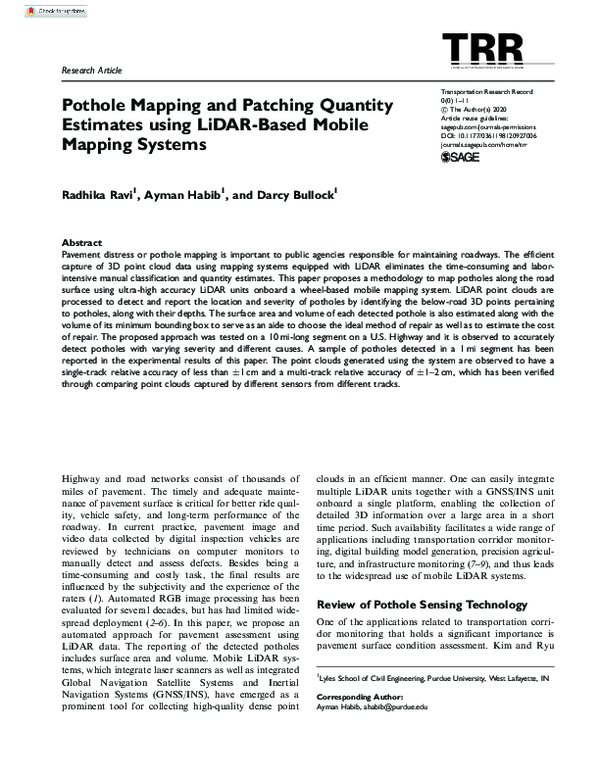 (PDF) Pothole Mapping and Patching Quantity Estimates using LiDAR-Based ...