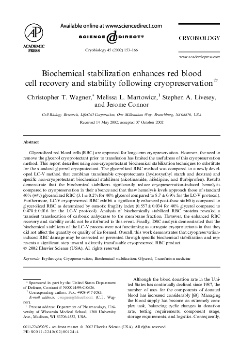 (PDF) Biochemical stabilization enhances red blood cell recovery and ...