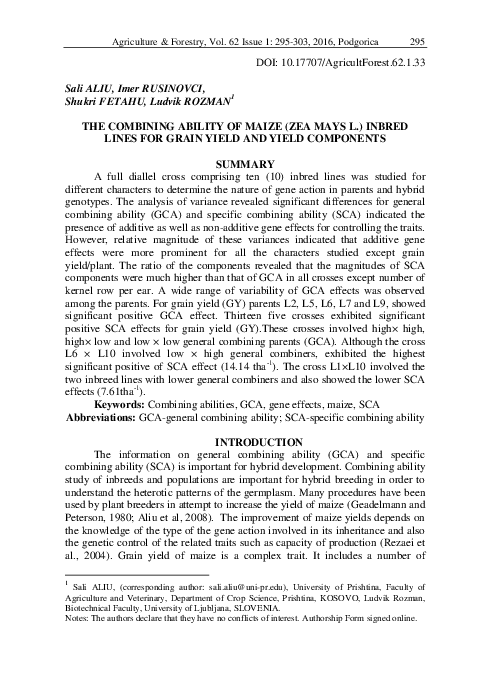 (PDF) The Combining Ability of Maize (Zea Mays L.) Inbred Lines for ...