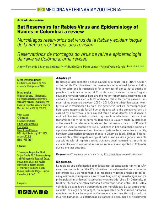 (PDF) Bat Reservoirs for Rabies Virus and Epidemiology of Rabies in ...