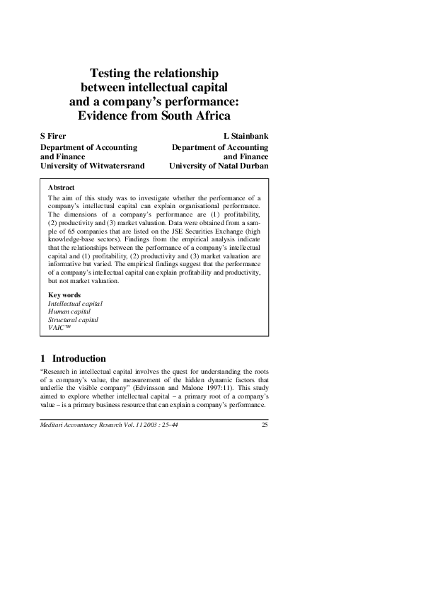 (PDF) Testing the relationship between intellectual capital and a ...