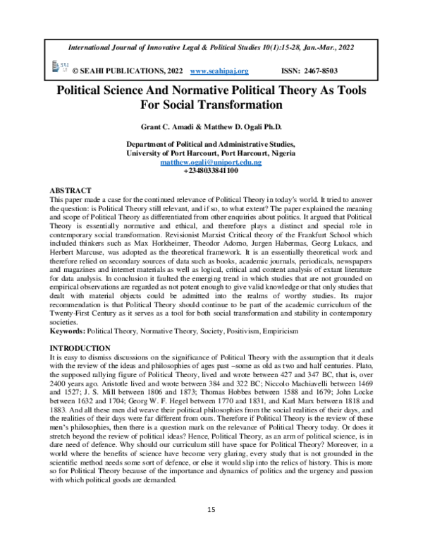 (PDF) Political Science And Normative Political Theory As Tools For ...