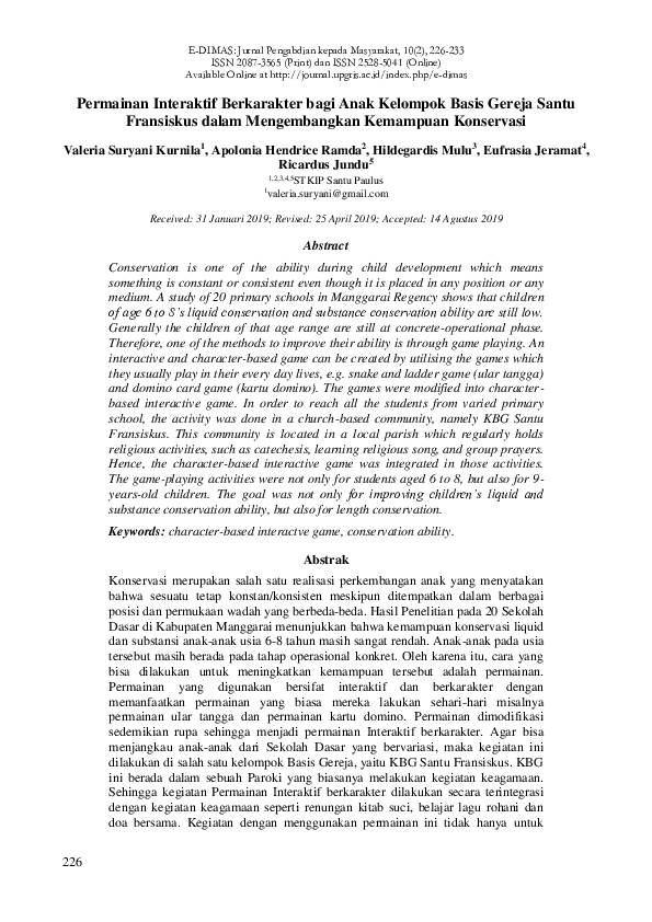 Permainan Interaktif Berkarakter bagi Anak Kelompok Basis Gereja Santu Fransiskus dalam Mengembangkan Kemampuan Konservasi