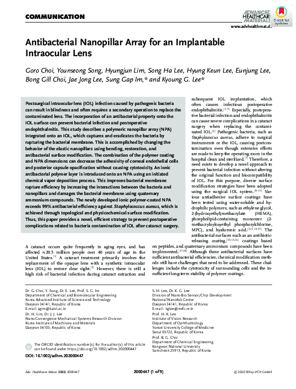 (PDF) Antibacterial Nanopillar Array for an Implantable Intraocular Lens