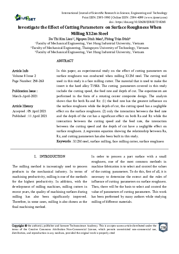 (PDF) Investigate the Effect of Cutting Parameters on Surface Roughness ...
