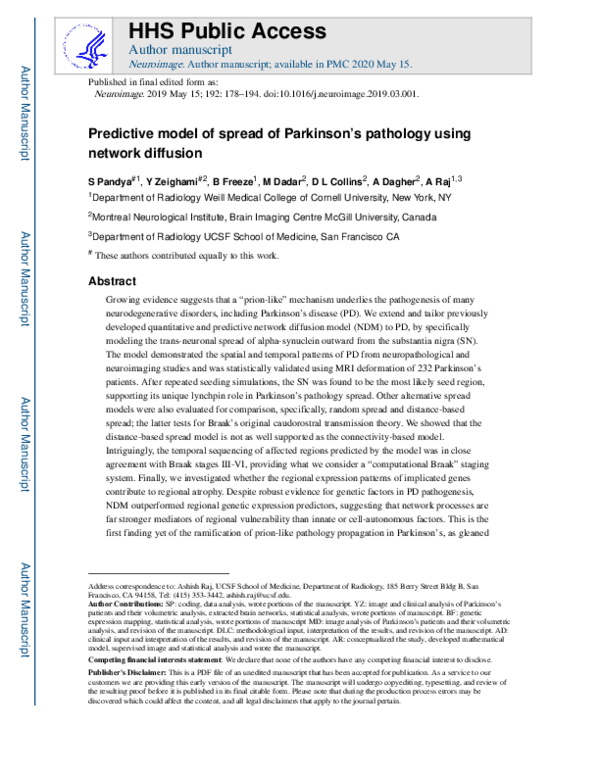 (PDF) Predictive model of spread of Parkinson's pathology using network ...