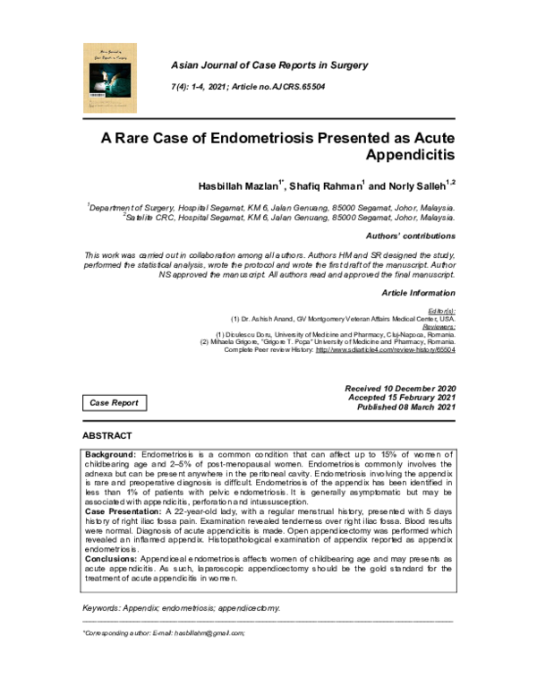 (PDF) A Rare Case of Endometriosis Presented as Acute Appendicitis