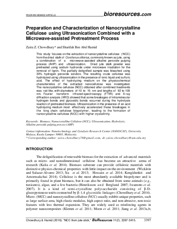 (PDF) Preparation and Characterization of Nanocrystalline Cellulose ...