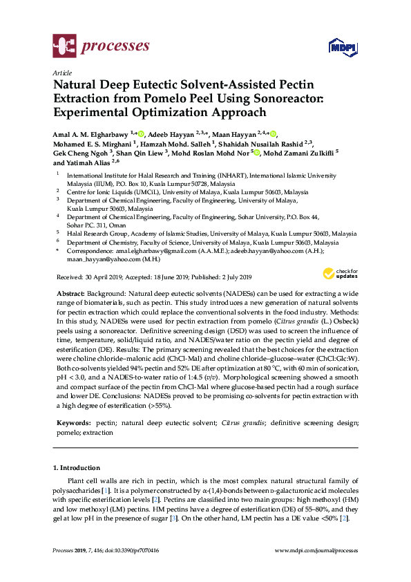(PDF) Natural Deep Eutectic SolventAssisted Pectin Extraction from Pomelo Peel Using