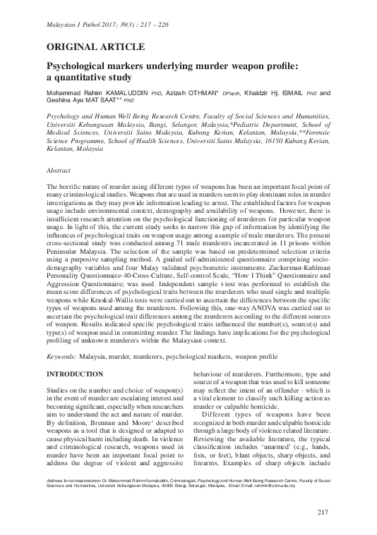 (PDF) Psychological markers underlying murder weapon profile: a ...