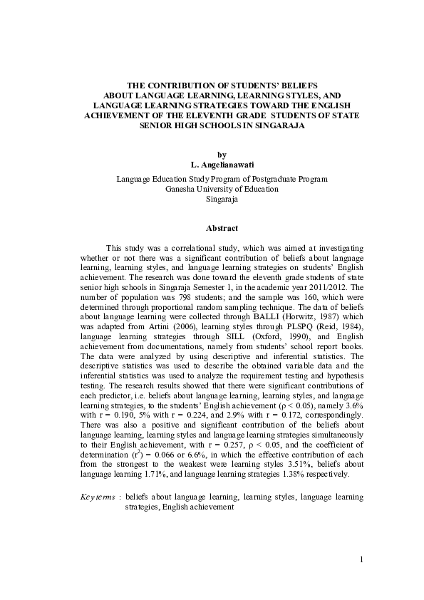 (PDF) The Contribution of Students’ Beliefs About Language Learning ...