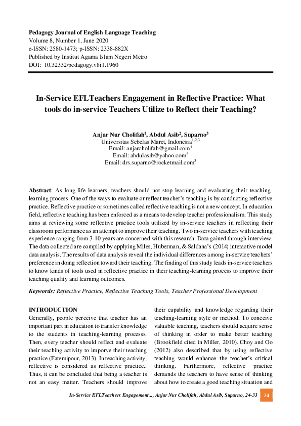 (PDF) In-Service EFL Teachers Engagement in Reflective Practice: What ...