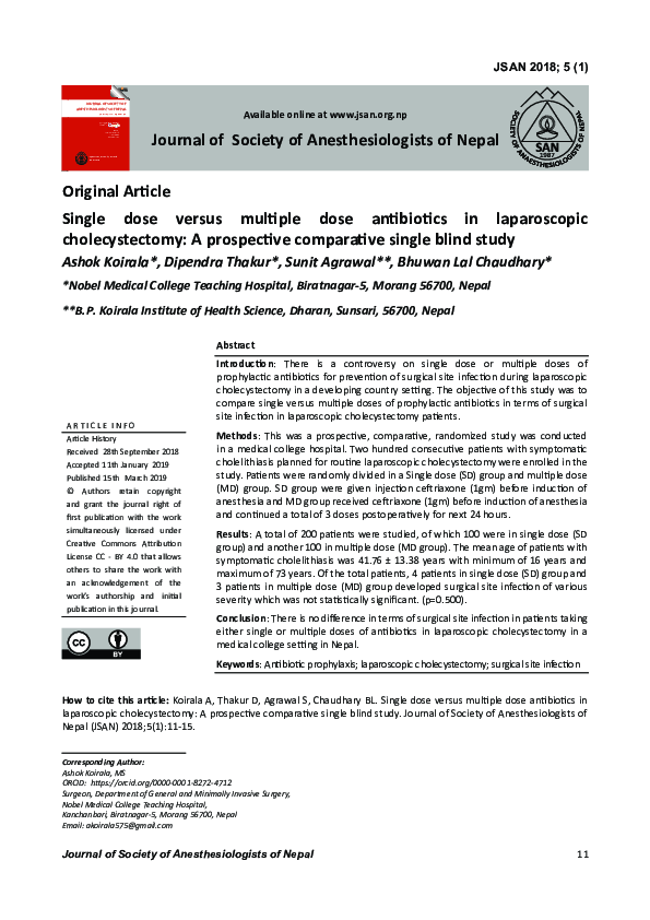 (PDF) Single dose versus multiple dose antibiotics in laparoscopic