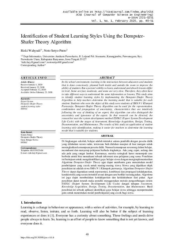 (PDF) Identification of Student Learning Styles Using the Dempster ...