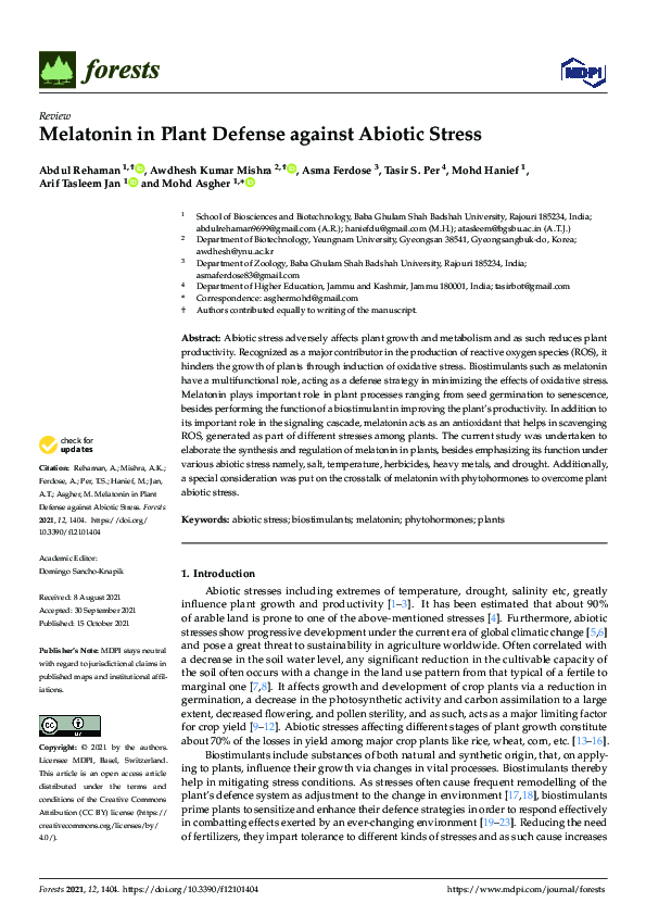 (PDF) Melatonin in Plant Defense against Abiotic Stress