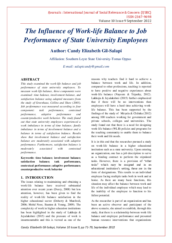 (PDF) The Influence of Work-life Balance to Job Performance of State ...