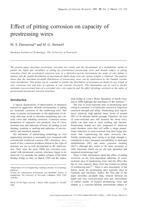 (PDF) Effect of pitting corrosion on capacity of prestressing wires