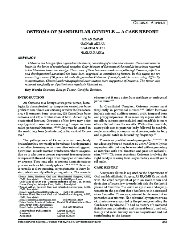 (PDF) Osteoma of Mandibular Condyle — a Case Report