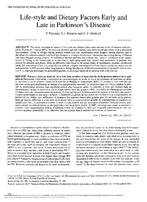 (PDF) Life-style and Dietary Factors Early and Late in Parkinson’s Disease