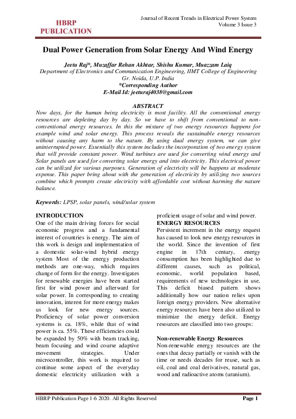 (PDF) Dual Power Generation from Solar Energy and Wind Energy