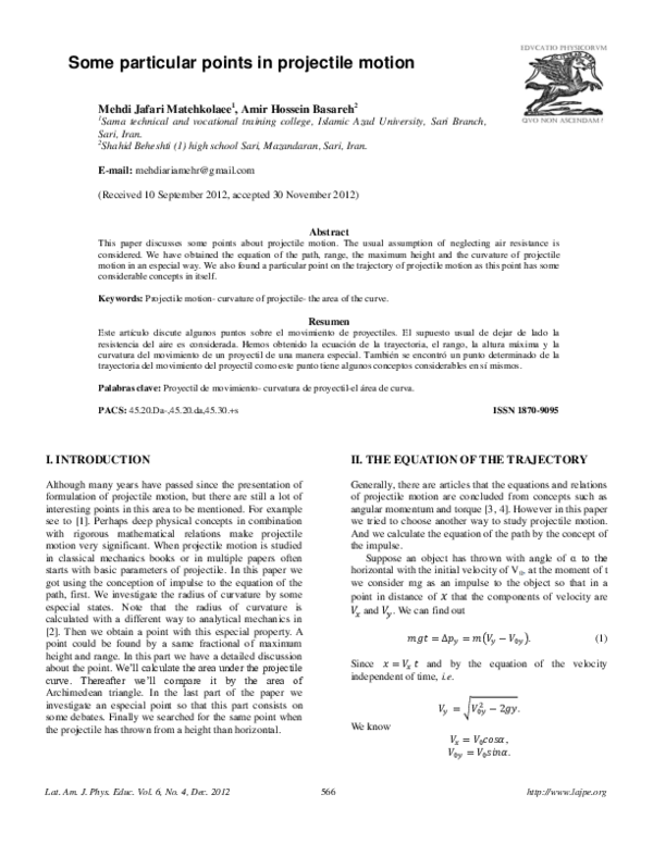 (PDF) Some particular points in projectile motion